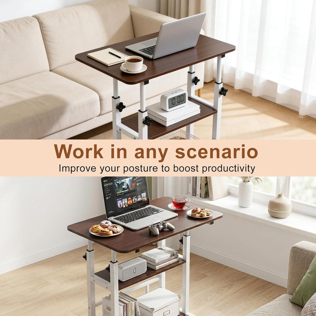 Portable Rolling Desk on Wheels with Adjustable Height, Compact Laptop & Small Computer Desk for Bedroom, Home Office with Storage Shelves and Phone Holder (Walnut)