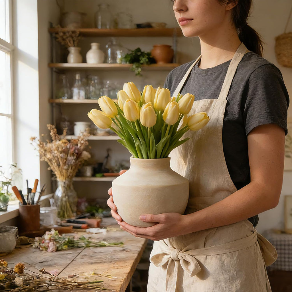 Ceramic Flower Vase, 5.5 Inch Off-White Farmhouse Vase, Handcrafted Weathered Pottery Vase, Small Flower Vase for Home Decor, Living Room, Table, Shelf