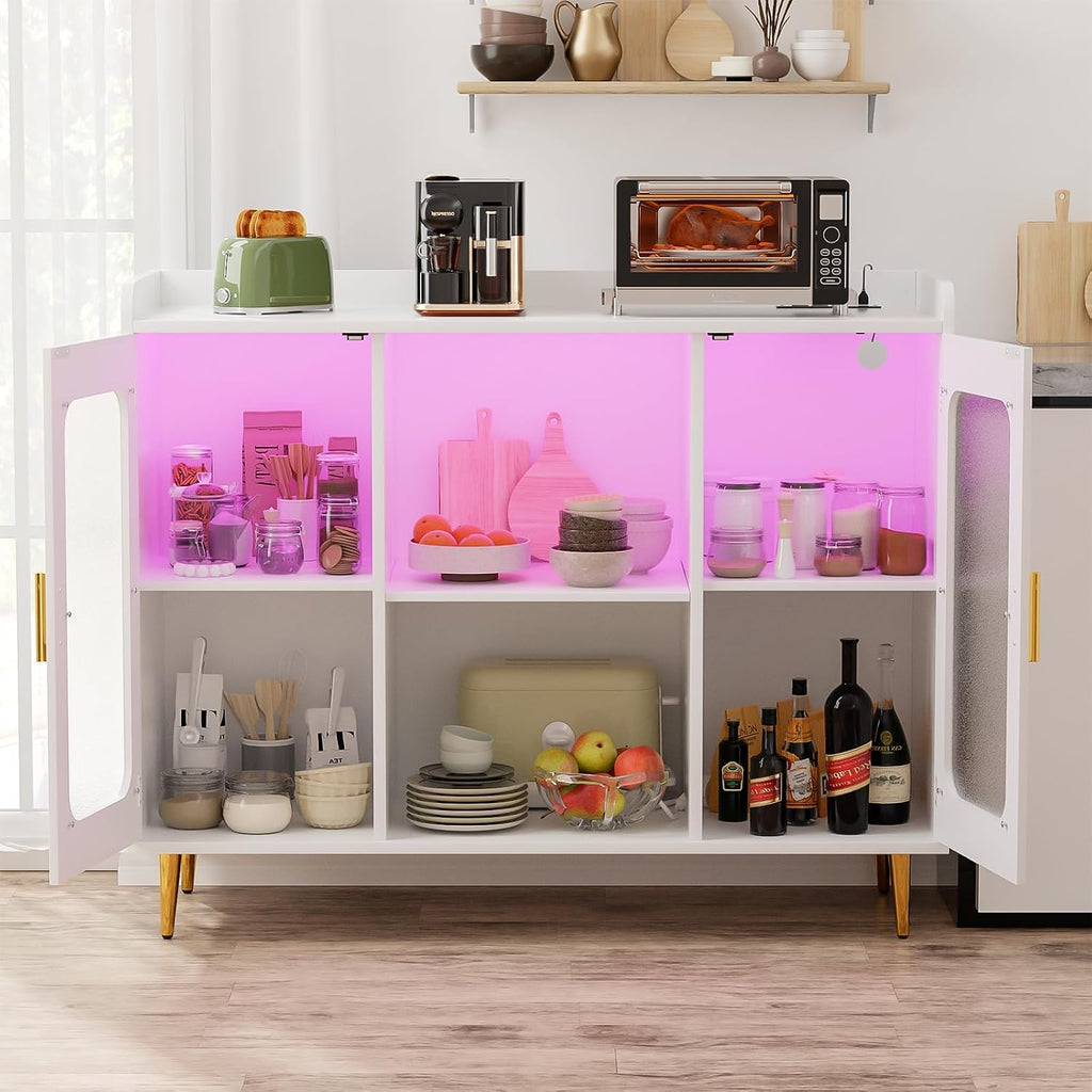 Liquor Cabinet Bar with Power Outlet and LED Light, Wine Bar Cabinet with Wine and Glasses Rack, Home Coffee Bar Cabinet, Buffet Sideboard with Storage Shelf for Kitchen, Dining Room, White
