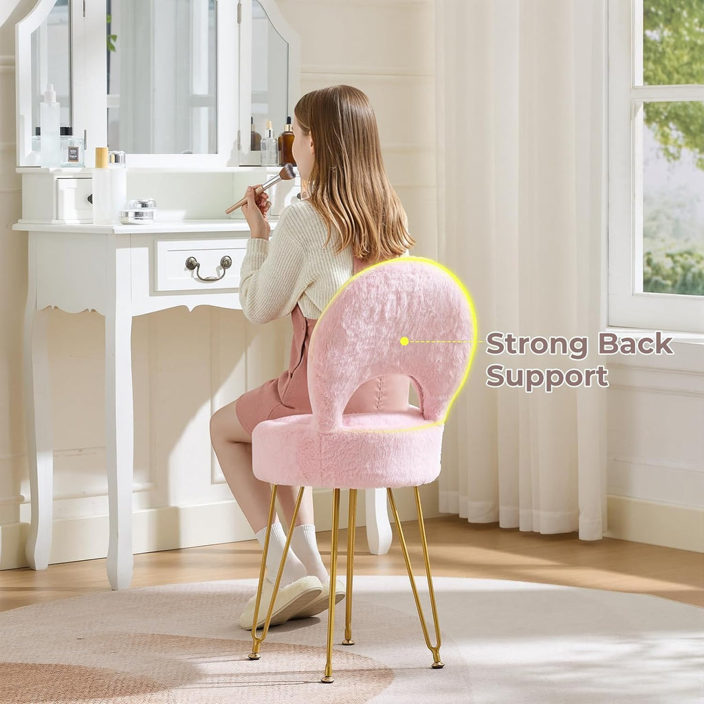 Faux Fur Pink Small Vanity Chair & Stool - 13" Dx13 W Folding Back Storage Ottoman, Anti-Slip Golden V-Leg for Bedroom Makeup Room