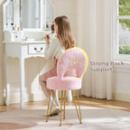 Faux Fur Pink Small Vanity Chair & Stool - 13" Dx13 W Folding Back Storage Ottoman, Anti-Slip Golden V-Leg for Bedroom Makeup Room
