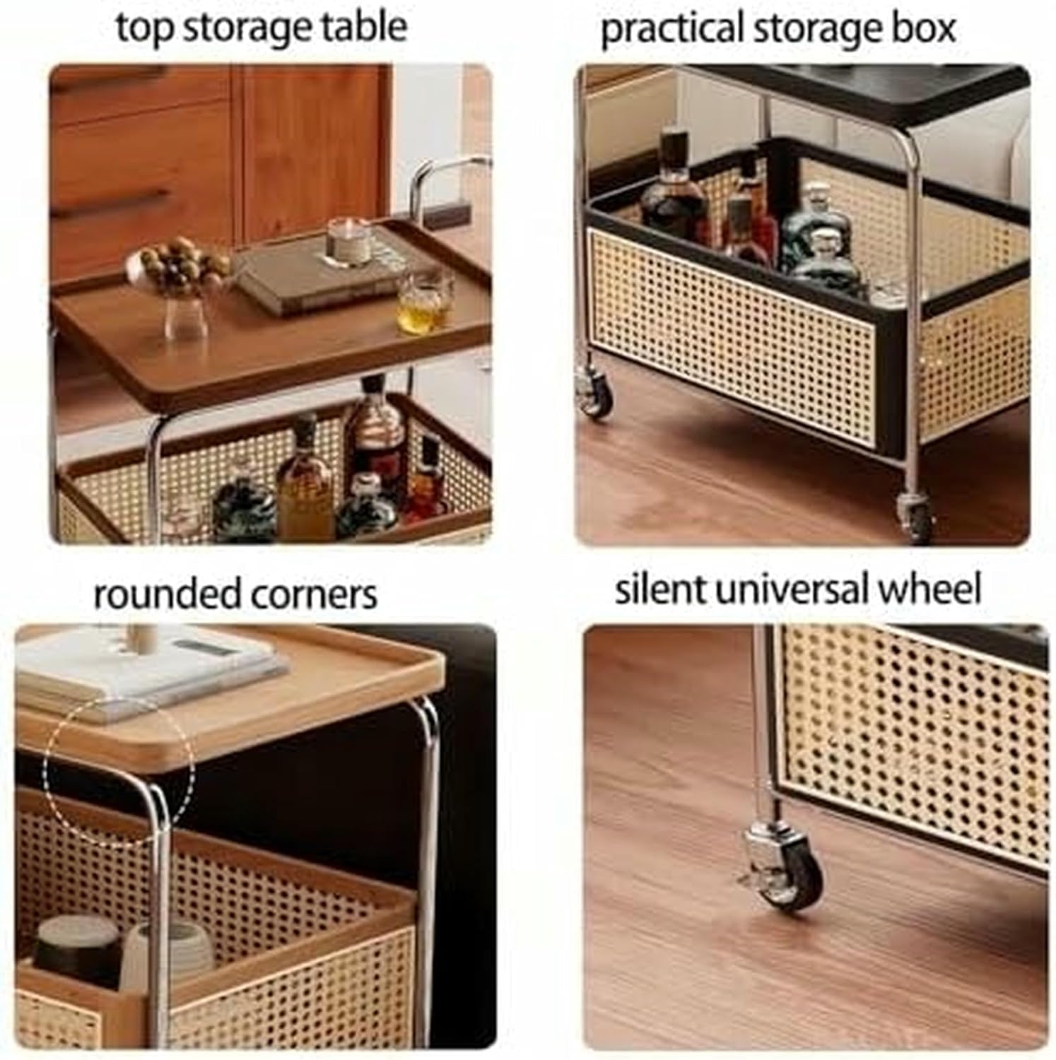 Rolling Rattan Side Table with Wheels - 2-Layer Storage Coffee Table & End Table for Living Room - Stylish Wood & Rattan Design, Space-Saving Solution