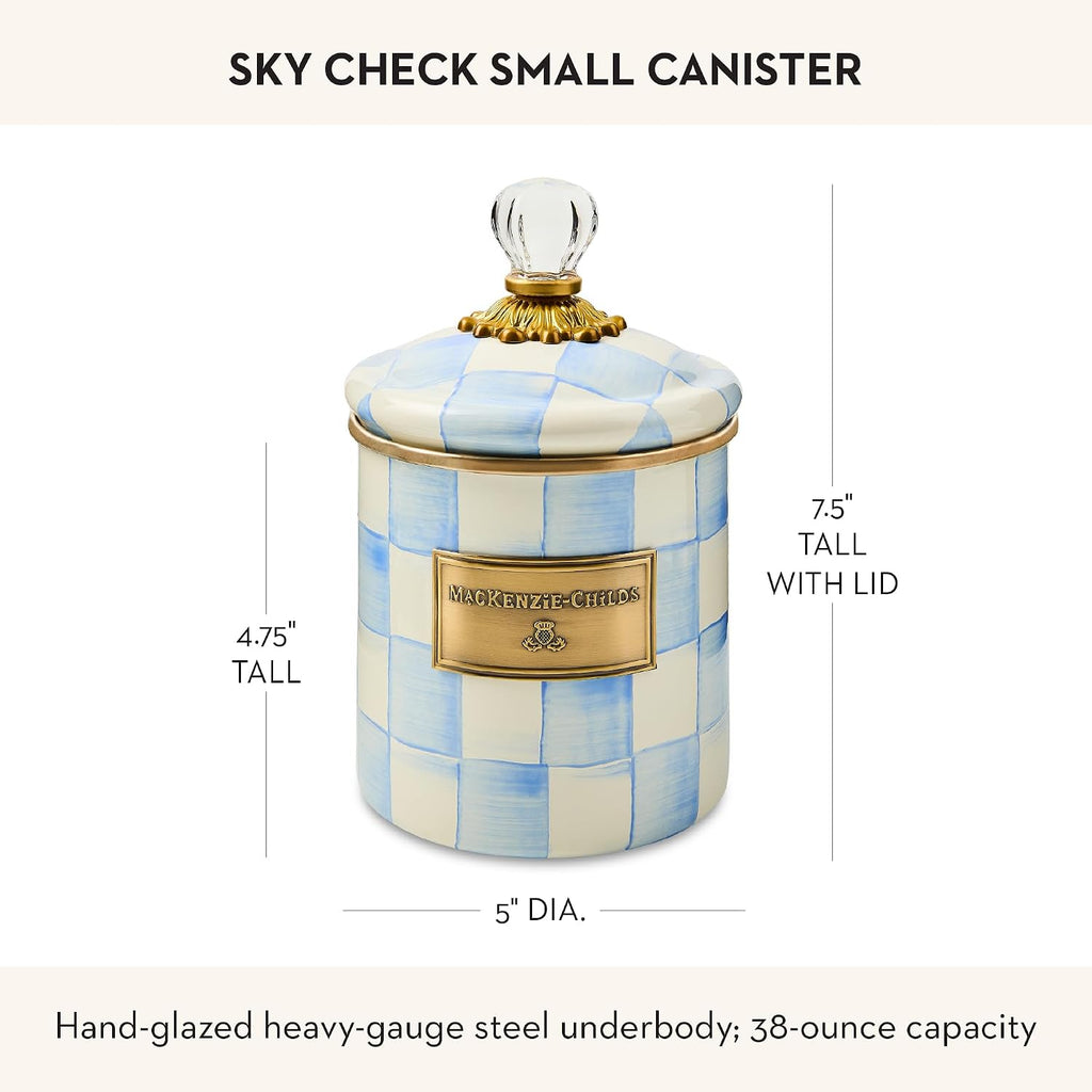 MACKENZIE-CHILDS Enamel Canister, Kitchen Storage Container with Lid, Small, 38-Ounce Capacity, Light-Blue-and-White Sky Check