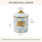 MACKENZIE-CHILDS Enamel Canister, Kitchen Storage Container with Lid, Small, 38-Ounce Capacity, Light-Blue-and-White Sky Check
