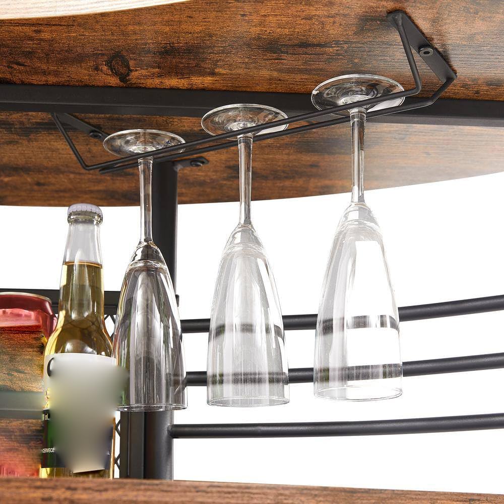 Oval Bar Table with Wood Counter Top and Wine Rack Storage Bar Cabinet for Dining Room Brown Metal Frame Coffee Bar Stand for Home