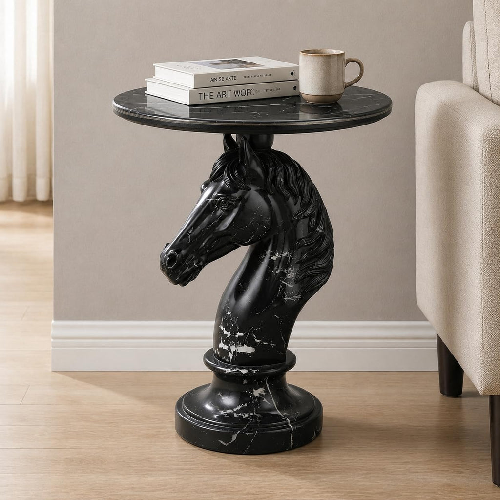 Sleek Black Horse End Table - Gothic Style 23.62 Inch Resin Knight Statue Side Table, Round Faux Marble Top Accent Table for Living Room, Minimalist Chess Piece Sculpture Furniture, 22.05 LBS