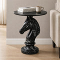 Sleek Black Horse End Table - Gothic Style 23.62 Inch Resin Knight Statue Side Table, Round Faux Marble Top Accent Table for Living Room, Minimalist Chess Piece Sculpture Furniture, 22.05 LBS