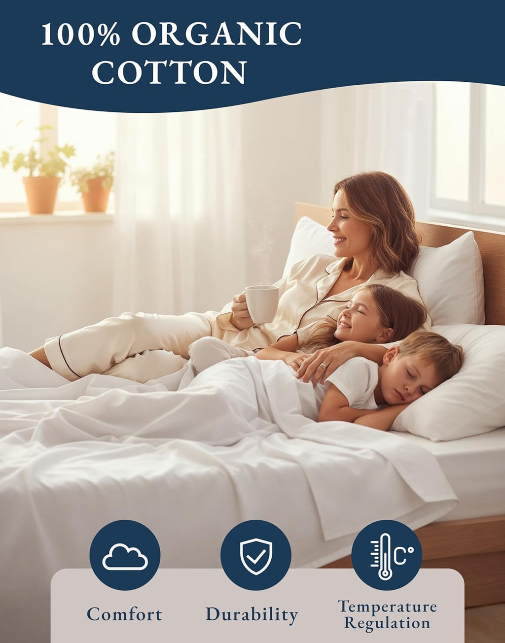 LANE LINEN Queen Sheets 100% Organic Cotton GOTS Certified Percale Weave Deep Pocket 4 Piece Soft Breathable Cooling Lightweight All Season Machine Washable Crisp - White