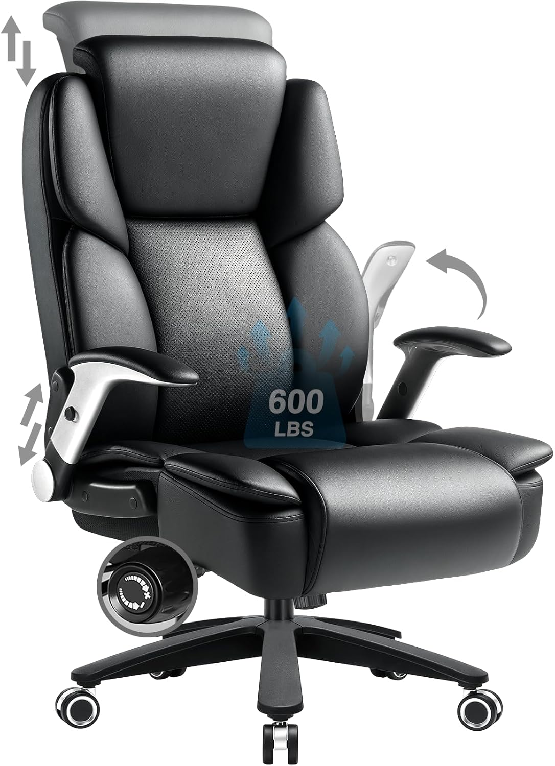 600lbs Big and Tall Office Chair, Heavy Duty Executive Desk Chair for Heavy People, Extra Wide PU Leather Computer Chair with 4" Adjustable Headrest & Air Lumbar Support