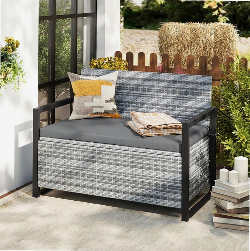 Gray Rustic Rattan Outdoor Storage Bench 40 Gal 800lb Load UV-Resistant 43.5in Seat Cushion Liner for Garden