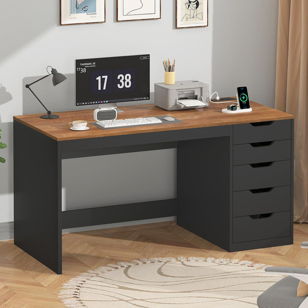 YOMILUVE 47 Inch Computer Desk with 5 Drawers and Power Outlets, Home Office Desks with Storage File Cabinet, Modern Simple Laptop Desk Writing Table for Small Spaces, Brown and Black
