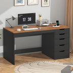 YOMILUVE 47 Inch Computer Desk with 5 Drawers and Power Outlets, Home Office Desks with Storage File Cabinet, Modern Simple Laptop Desk Writing Table for Small Spaces, Brown and Black