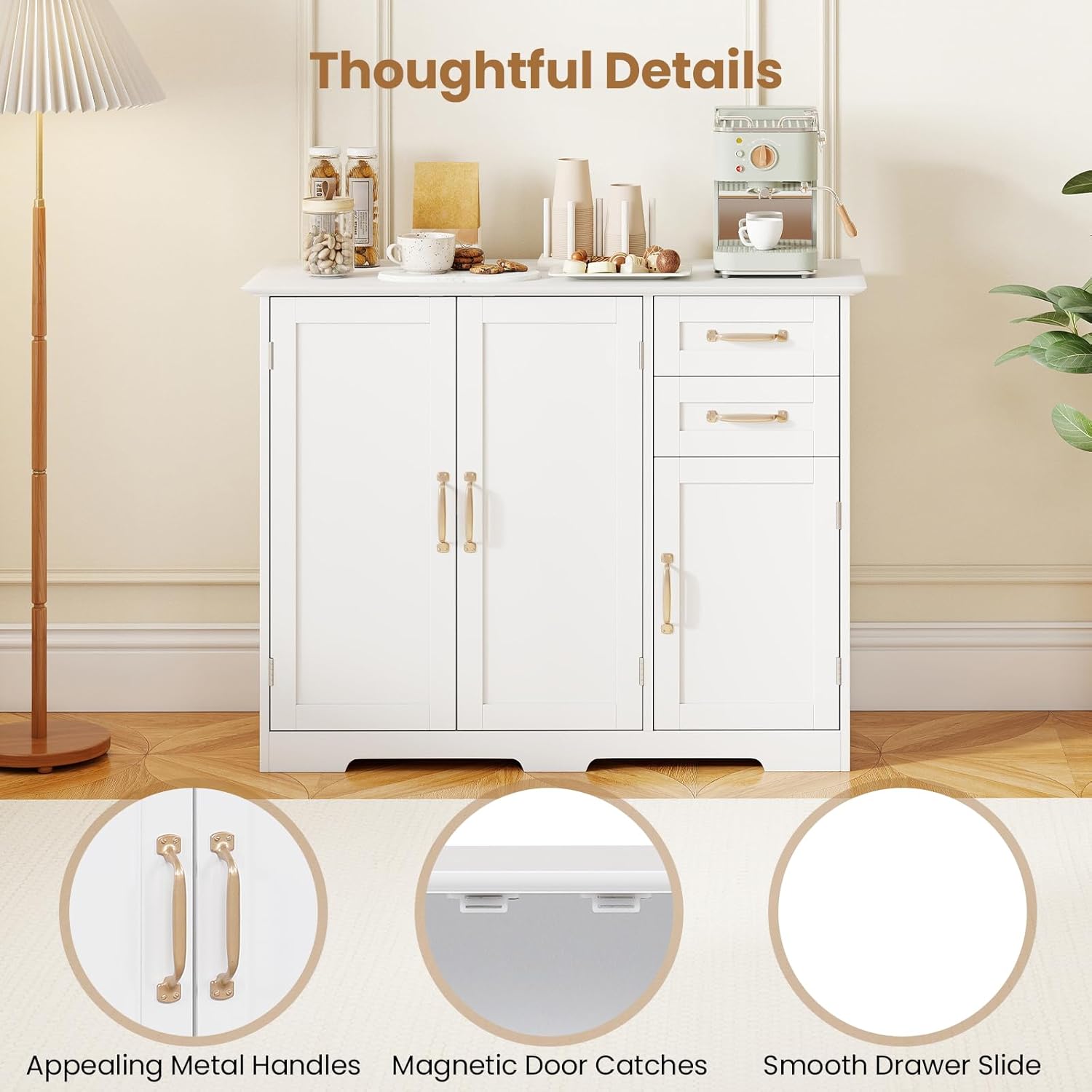 Giantex Sideboard Buffet Cabinet, Modern White Sideboard Cabinet with 2 Drawers, 3 Doors & Adjustable Shelf, Wooden Coffee Station, 40’’ Storage Buffet Table for Kitchen, Living Room, Entryway
