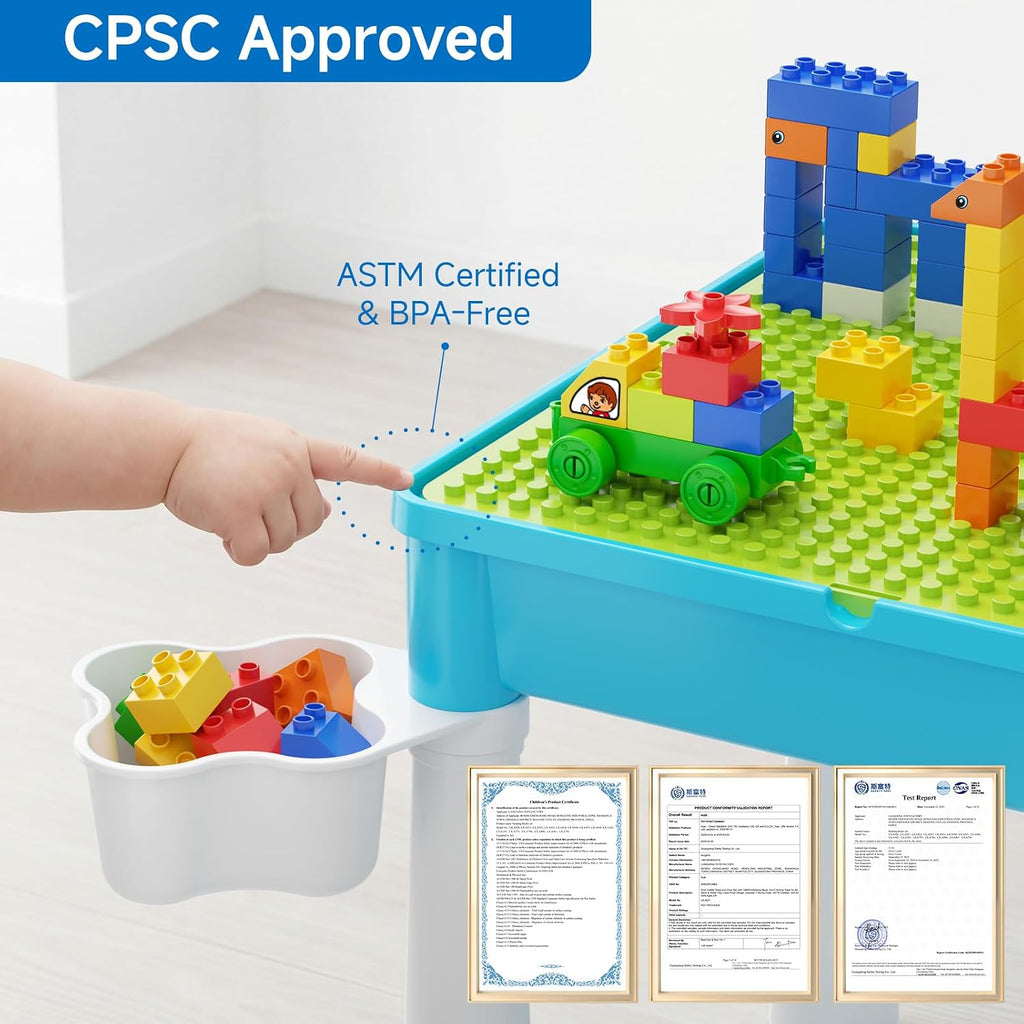 5-in-1 Toddler Table and Chair Set with 128PCS Building Blocks, Kids Activity Table Flip Top for Art, Sand & Water Play, Leak-Proof Design, Includes 1 Sturdy Chair, ASTM Certified, Gift for Ages 2-4