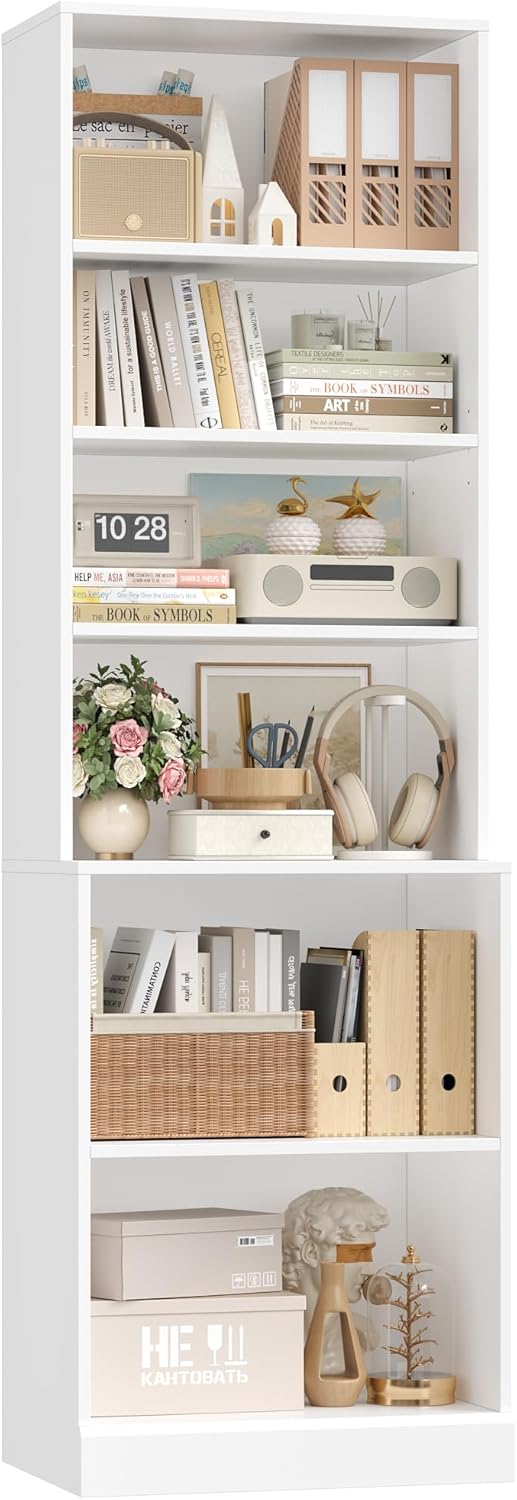 FACBOTALL 73.2" Tall Bookshelf and Bookcase, 6-Tier Open Bookshelf with Storage, Deep Bookshelf with Adjustable Shelf, Freestanding Display Storage Shelves for Living Room, Home Office, Study, White