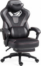 Dowinx Gaming Chair with Footrest, Big and Tall Gaming Chair for Heavy People, Ergonomic Gaming Chair for Adults, Reclining Computer Game Chair with Massage Lumbar Support, Black