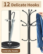 Modern Coat Rack Stand, Metal Freestanding Coat Rack with Natural Marble Base, Heavy-Duty Coat Racks with Umbrella Holder,Black Coat Hanger Stand with 12 Hooks for Office, Entryway, Hallway