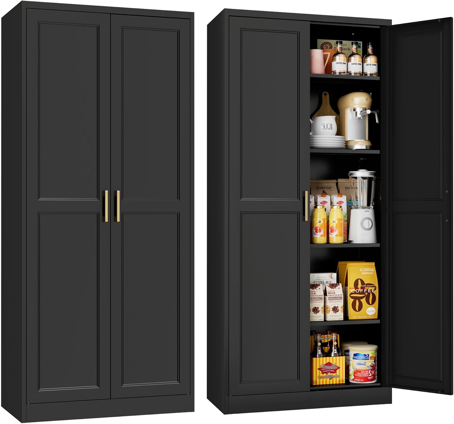 71" Tall Kitchen Storage Cabinet with Gold Handles, Metal Pantry Cabinets with 2 Doors, Food Pantry, Adjustable Shelves, Black Freestanding Pantry Cupboard for Dining, Kitchen, Living Room