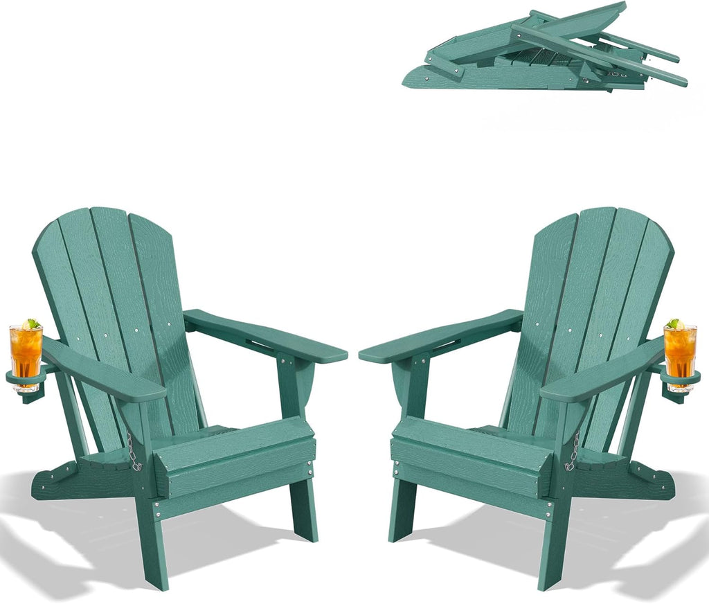 PLUUV Folding Adirondack Chair Set of 2, Hdpe All-Weather Patio Chairs with Cup Holder, Wooden Textured Fire Pit Chairs, Outdoor Chair for Poolside, Backyard, Deck（Aruba）
