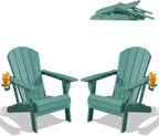PLUUV Folding Adirondack Chair Set of 2, Hdpe All-Weather Patio Chairs with Cup Holder, Wooden Textured Fire Pit Chairs, Outdoor Chair for Poolside, Backyard, Deck（Aruba）