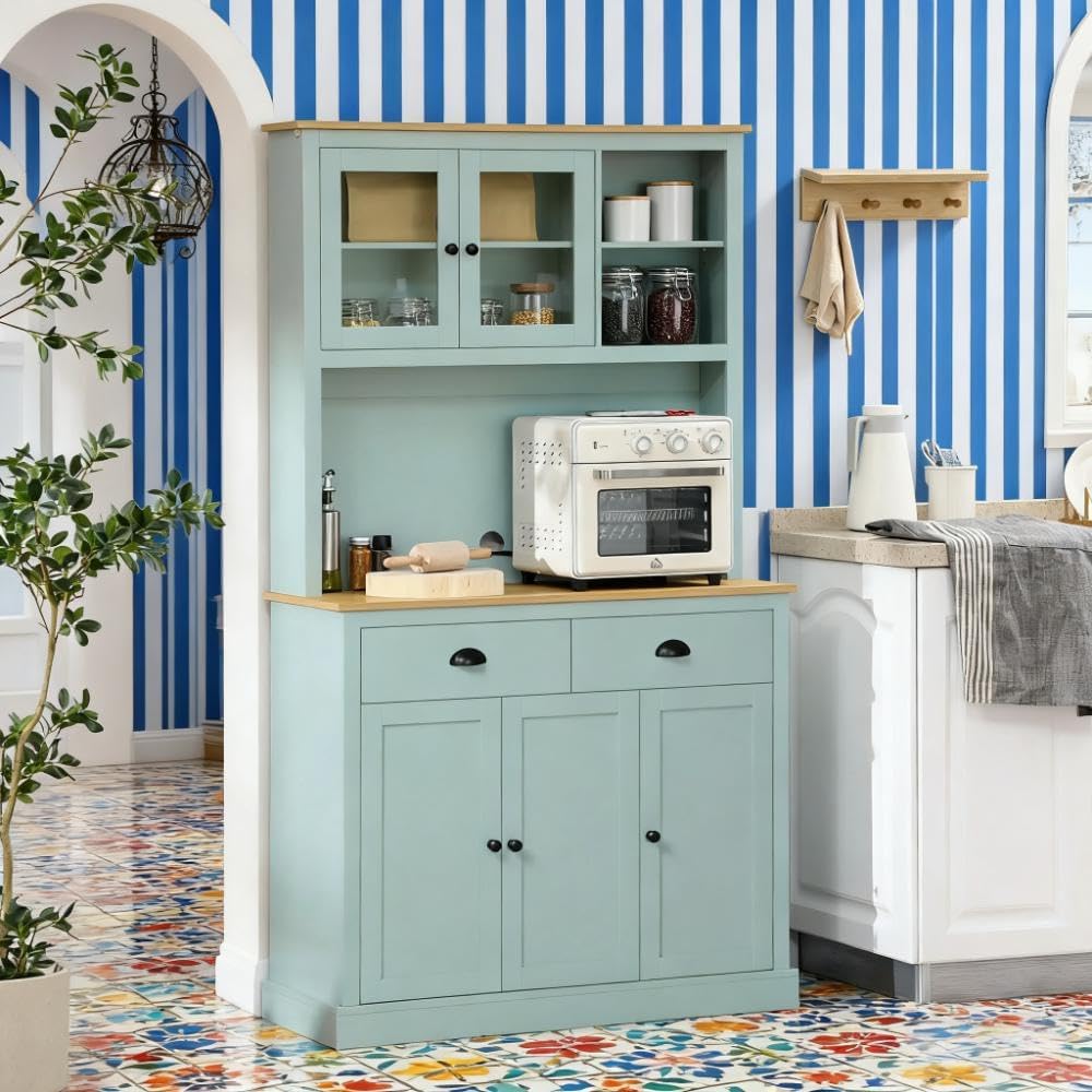 Freestanding Kitchen Pantry Cabinet with Hutch – 5-Door Storage Buffet with Glass Doors, Adjustable Shelves, Drawers, and Anti-Tip Safety Strap – Ideal for Dining Room Organization
