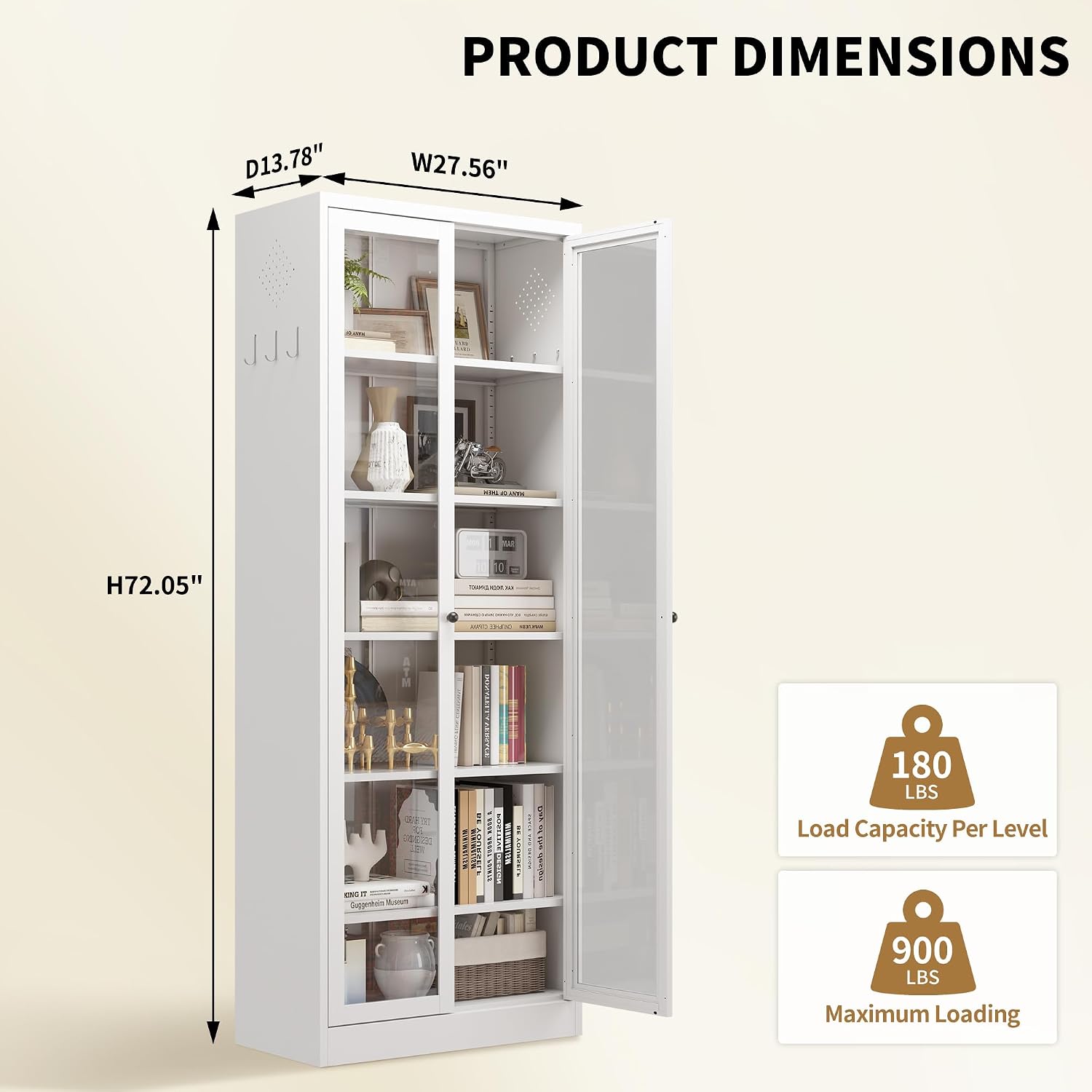 Kitchen Pantry Cabinet, 72" H Storage Cabinet with Glass Doors and Adjustable Shelves, Spacious Cupboard with Round Handles, Metal Kitchen Cabinet for Dining Room, Living Room, White