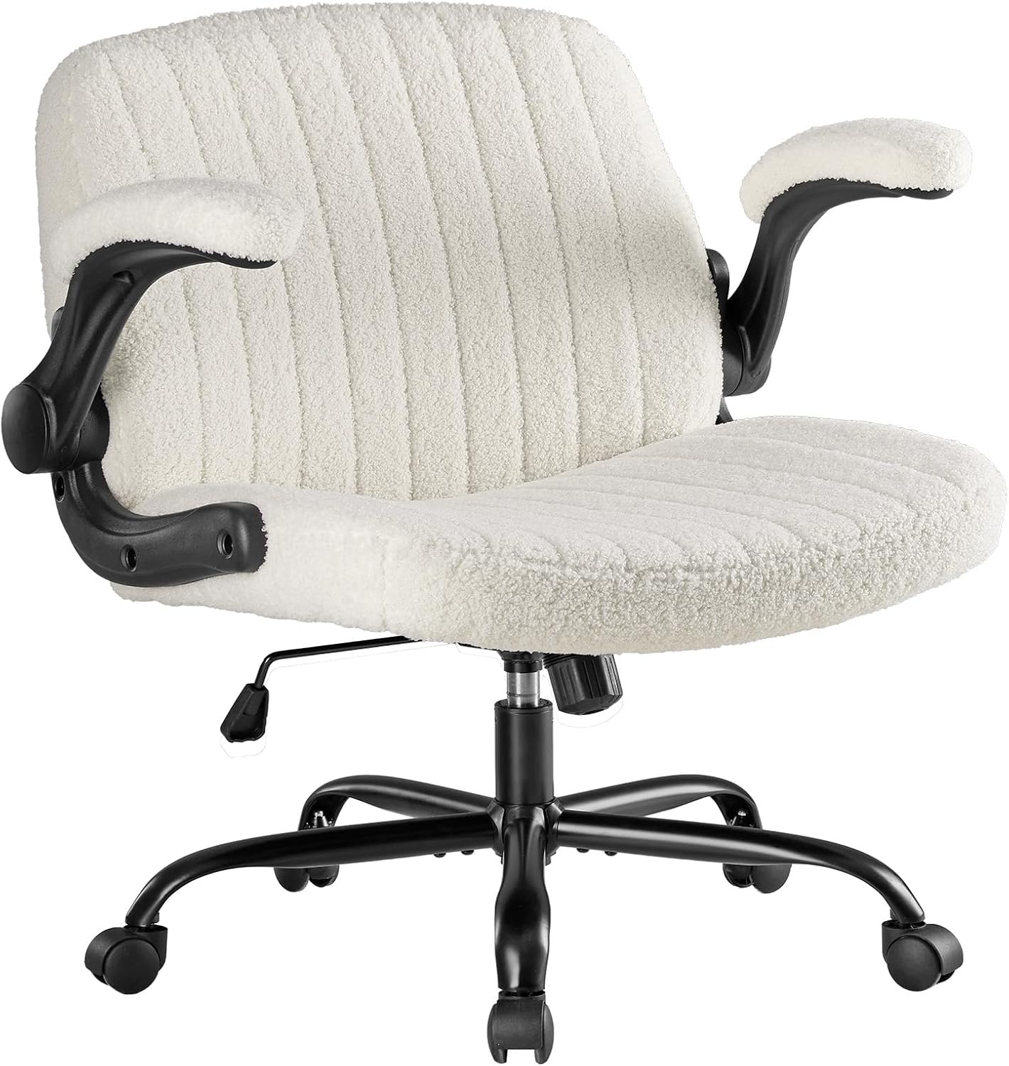 DUMOS Criss Cross Home Office Chair with Wheels, Wide Cross Legged Desk Vanity Chair Comfy Fabric Flip-Up Armrests Adjustable Swivel Chairs for Home Computer Bedroom, Creamy White