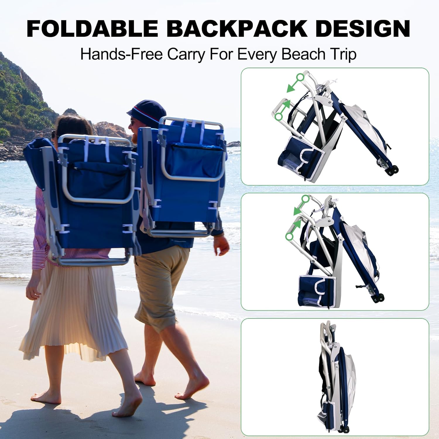 Romswi Extra Wide Beach Chair with Canopy Shade, 1 Pack Aluminum Folding Chairs with Detachable & Adjustable Umbrella, 5-Position Lay Flat, Cooler Bag, Cup & Phone Holder, Towel Bar, Navy Blue