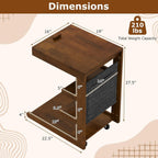 Byroce C Shaped End Table, Rolling Side Table with Adjustable Desktop, 4 Lockable Wheels, Storage Shelves & Edge Stopper, Modern Couch Tray Table for Sofa, TV, Living Room, Bedroom & Office (Brown)