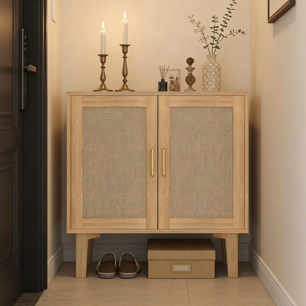 ITEFDTUTNE Rattan Cabinet, Buffet Storage Cabinet Sideboard with 2 Doors & Solid Wood Feet, for Hallway, Entryway, Living Room,or Kitchen