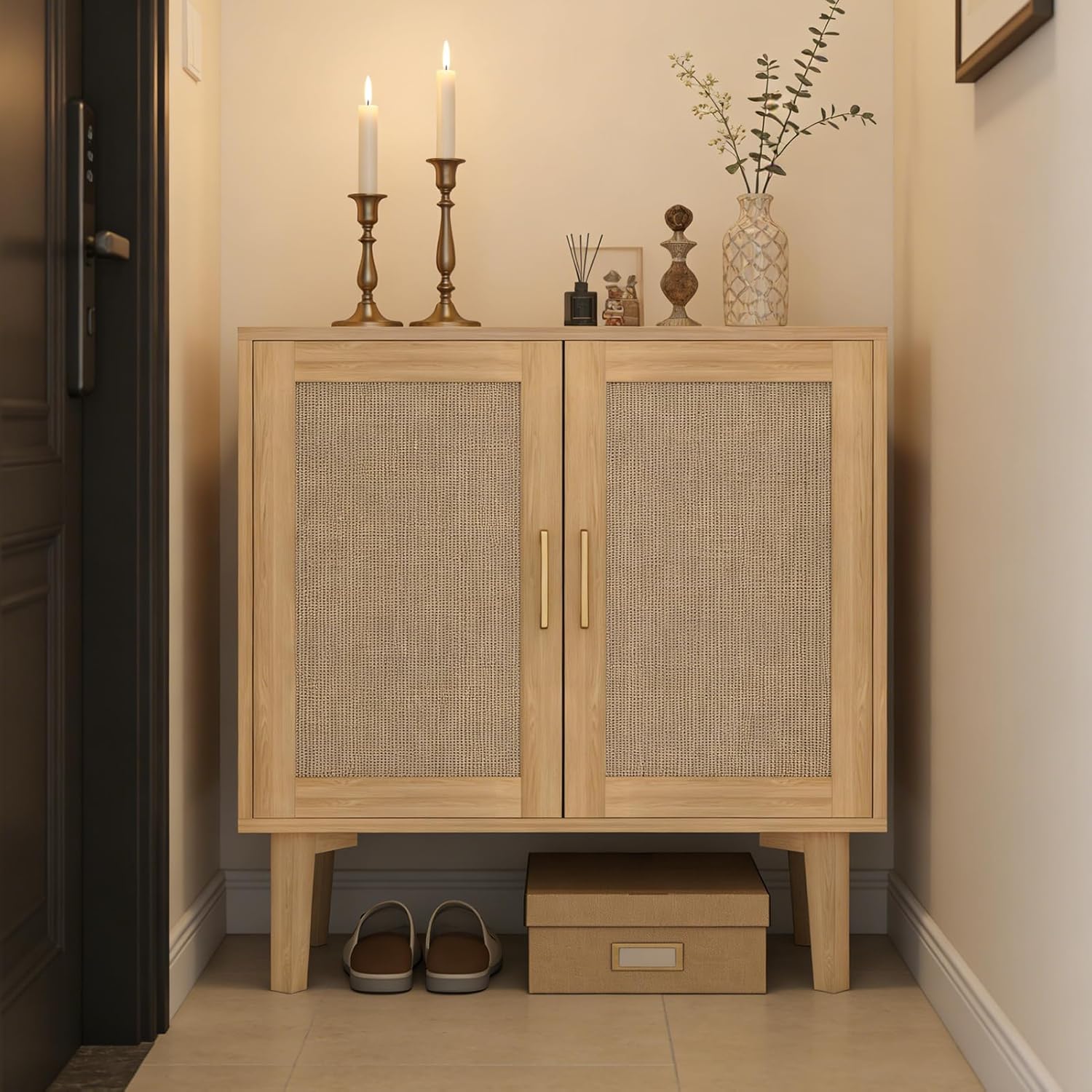 ITEFDTUTNE Rattan Cabinet, Buffet Storage Cabinet Sideboard with 2 Doors & Solid Wood Feet, for Hallway, Entryway, Living Room,or Kitchen