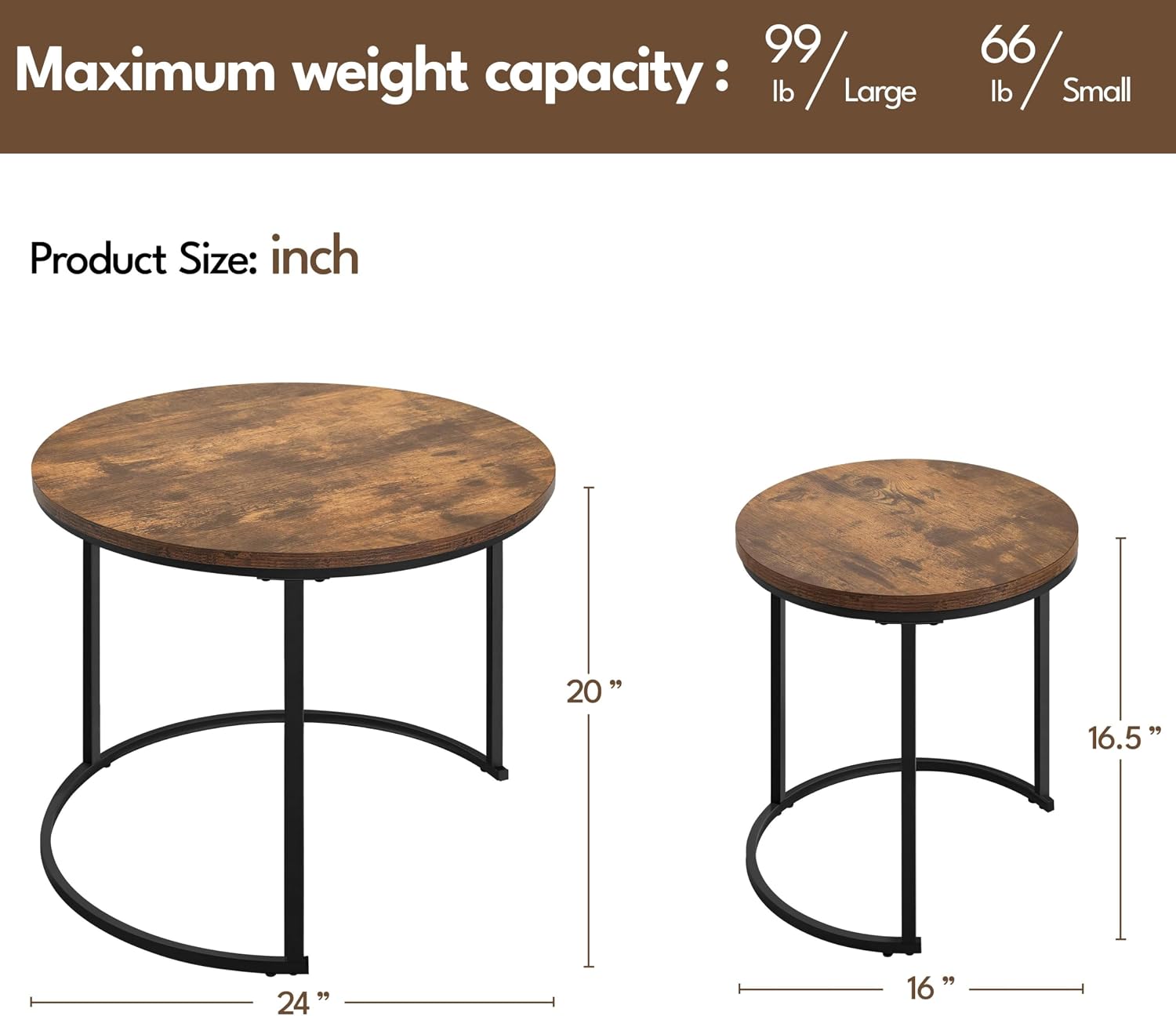 Yaheetech Nesting Coffee Table, Round Coffee Table for Living Room, Nesting Table with Wooden Tabletop and Sturdy Metal Frame, Stacking Living Room Tables Nesting End Table Set of 2, Rustic Brown