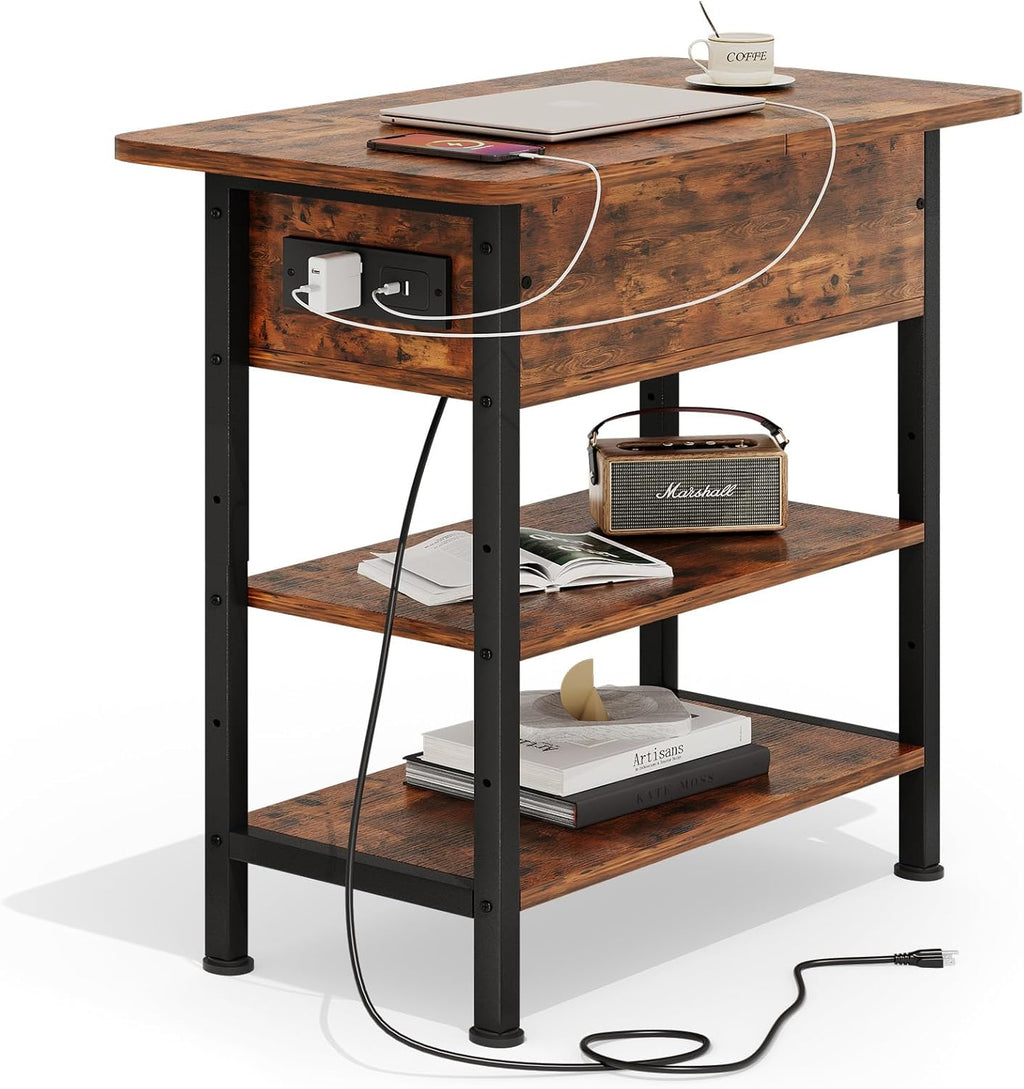 GRUSIGN End Table with Charging Station, Flip Top Side Table with USB Ports and Outlets, 3-Tier Small Side Table with Storage for Small Space, End Tables for Living Room/Bedroom, Brown