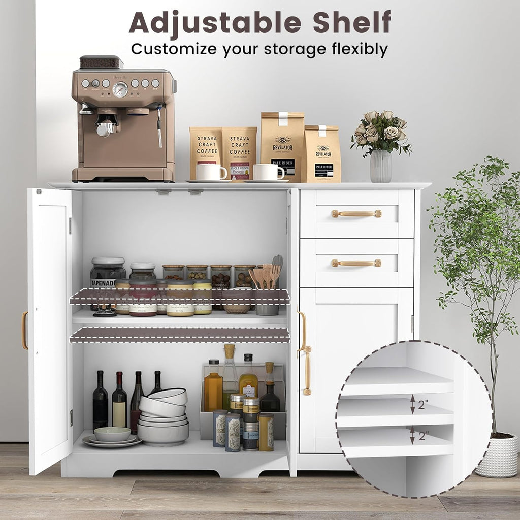 Kitchen Buffet Cabinet, Modern Sideboard with Drawers & Adjustable Shelves, Wooden Credenzas for Living Room, 40" Console Cabinet for Dining Room, Coffee Bar, Entryway (White)