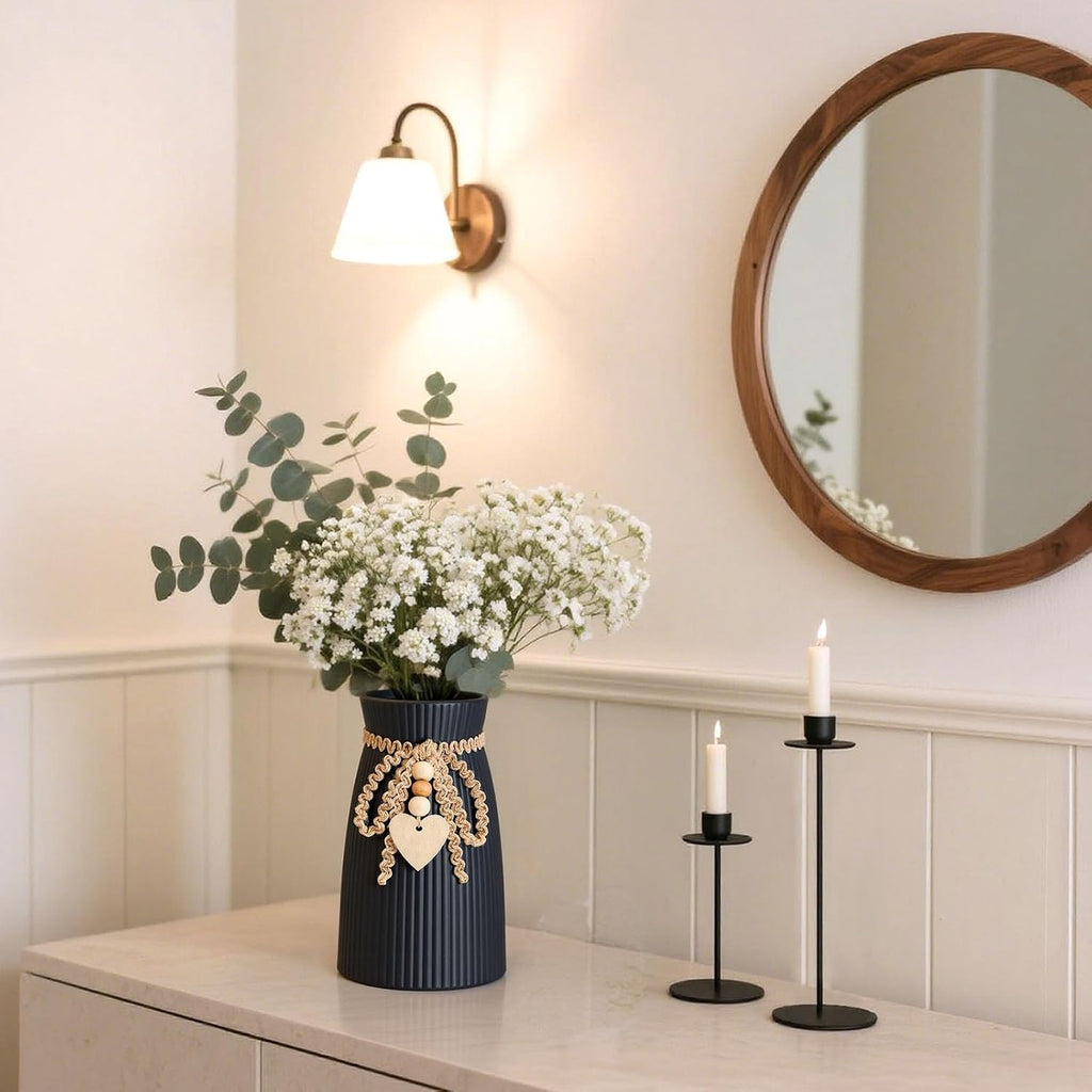 DomeStar Black Ceramic Vase, 6.3" Tall Boho Ribbed Vase for Pampas Grass, Wedding Centerpiece, Coffee Table, Bedroom & Apartment, Neutral Farmhouse Minimalist Modern Home Decor
