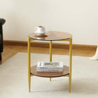 Round End Table, Mid-Century Modern Design, D20*H23 inch, for Living Room, 2-Tier Structure, Amber Glass Top and Walnut MDF Shelf, Sleek Conical Metal Legs with Gold Finish