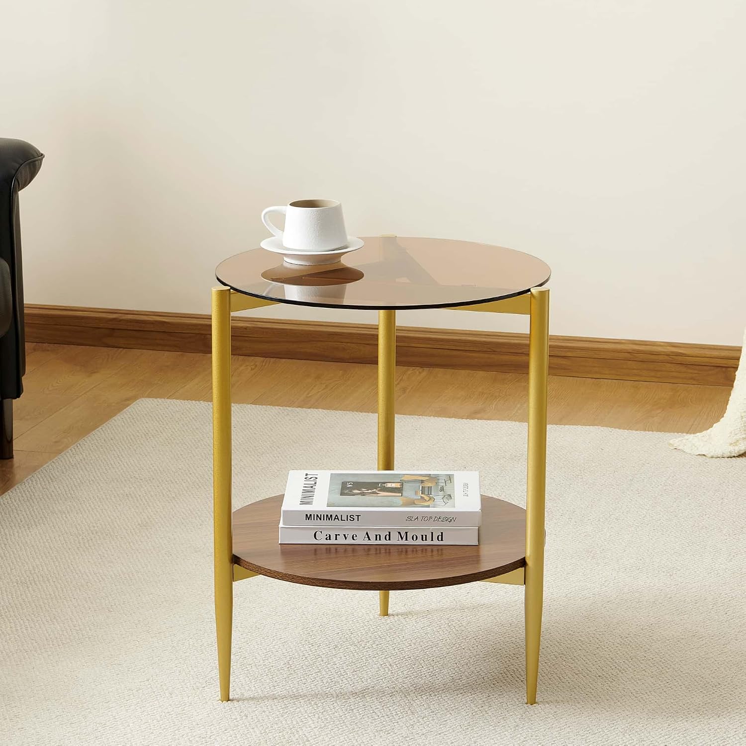Round End Table, Mid-Century Modern Design, D20*H23 inch, for Living Room, 2-Tier Structure, Amber Glass Top and Walnut MDF Shelf, Sleek Conical Metal Legs with Gold Finish