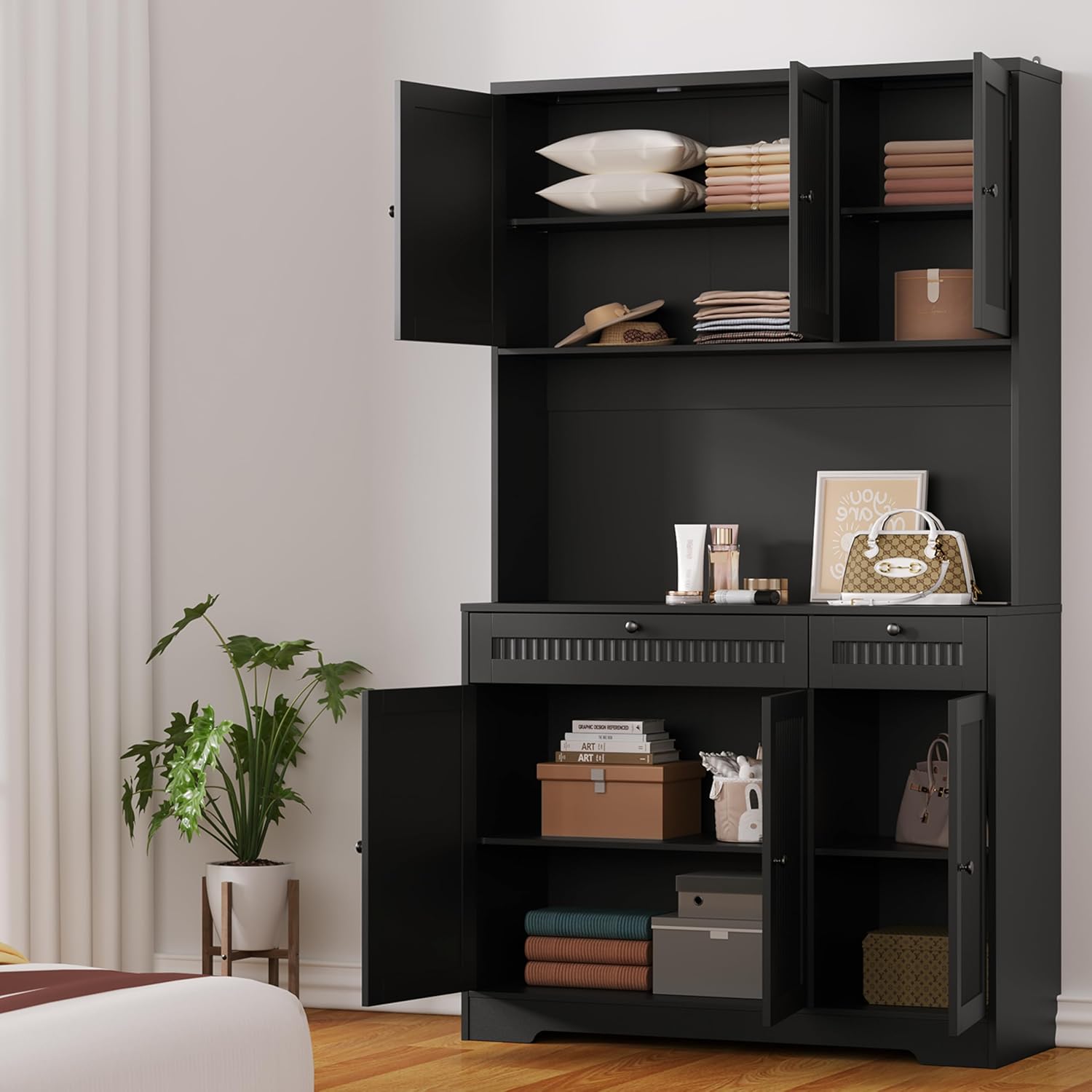 Pantry Storage Cabinet with Charging Station, Kitchen Storage with Adjustable Shelves, Food Pantry Cabinet with Coffee Bar Storage, Modern Kitchen Cupboard for Dining Room, Living Room, Black