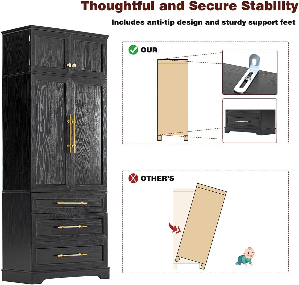 78.2" Tall Farmhouse Kitchen Pantry Cabinet with 8 Door Shelves and 3 Large Drawers, Modern Storage Cabinet with 3 Adjustable Shelves, Versatile Cupboard for Kitchen (Black)