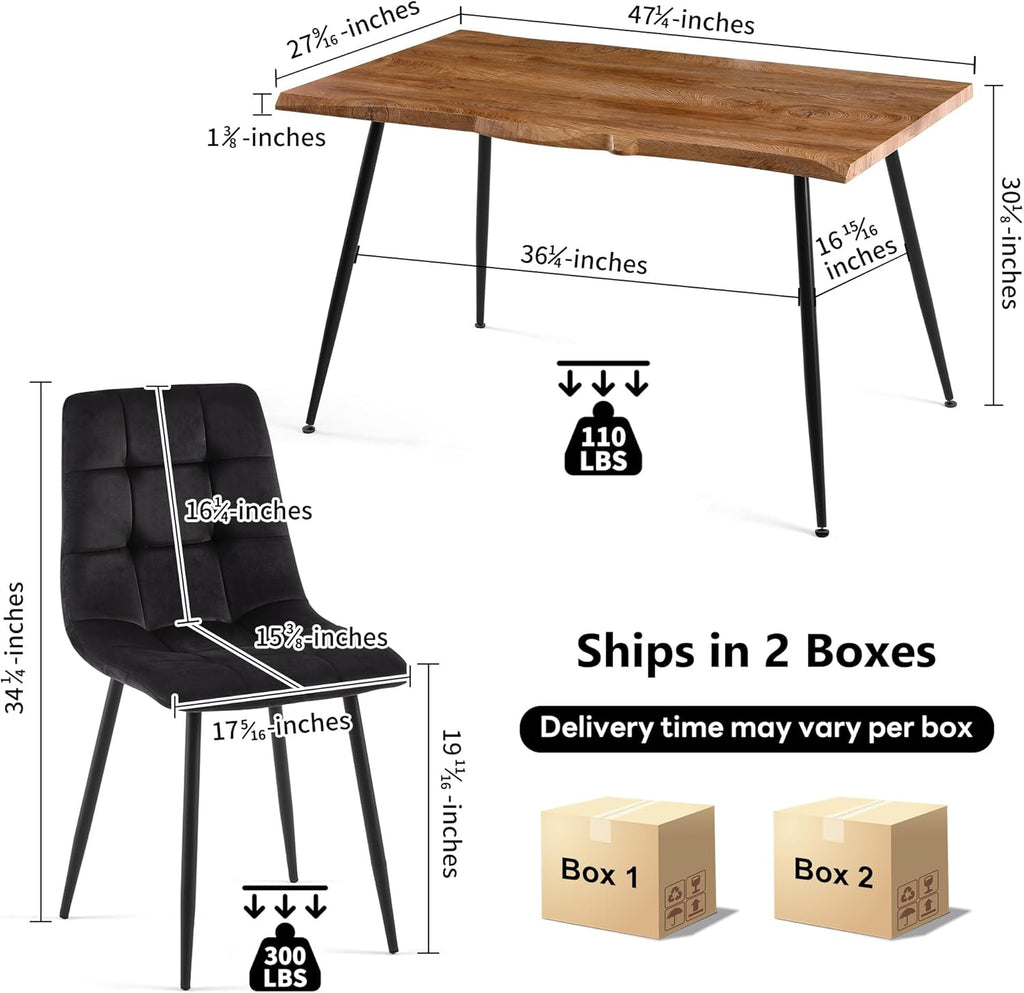 NORDICANA 5-Piece Dining Table Set, 47 in Modern Irregular Rectangle Kitchen Table & 4 Black Velvet Upholstery Side Chairs, Metal Legs, Dining Room Set for 4