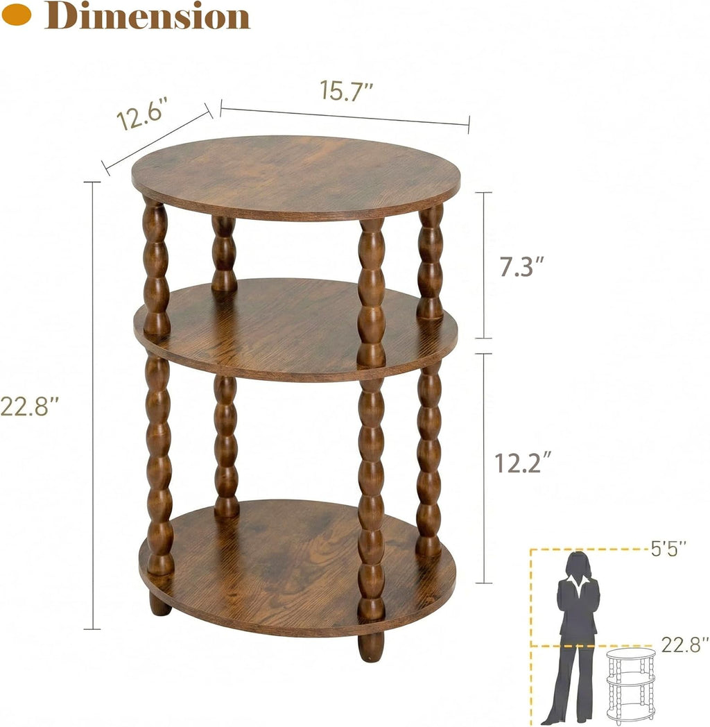 3-Tier Oval Side Table with Solid Wood Legs, Small End Table with Storage Shelves for Living Room Bedroom, Modern Night Stand Accent Table for Small Spaces, Easy Assembly