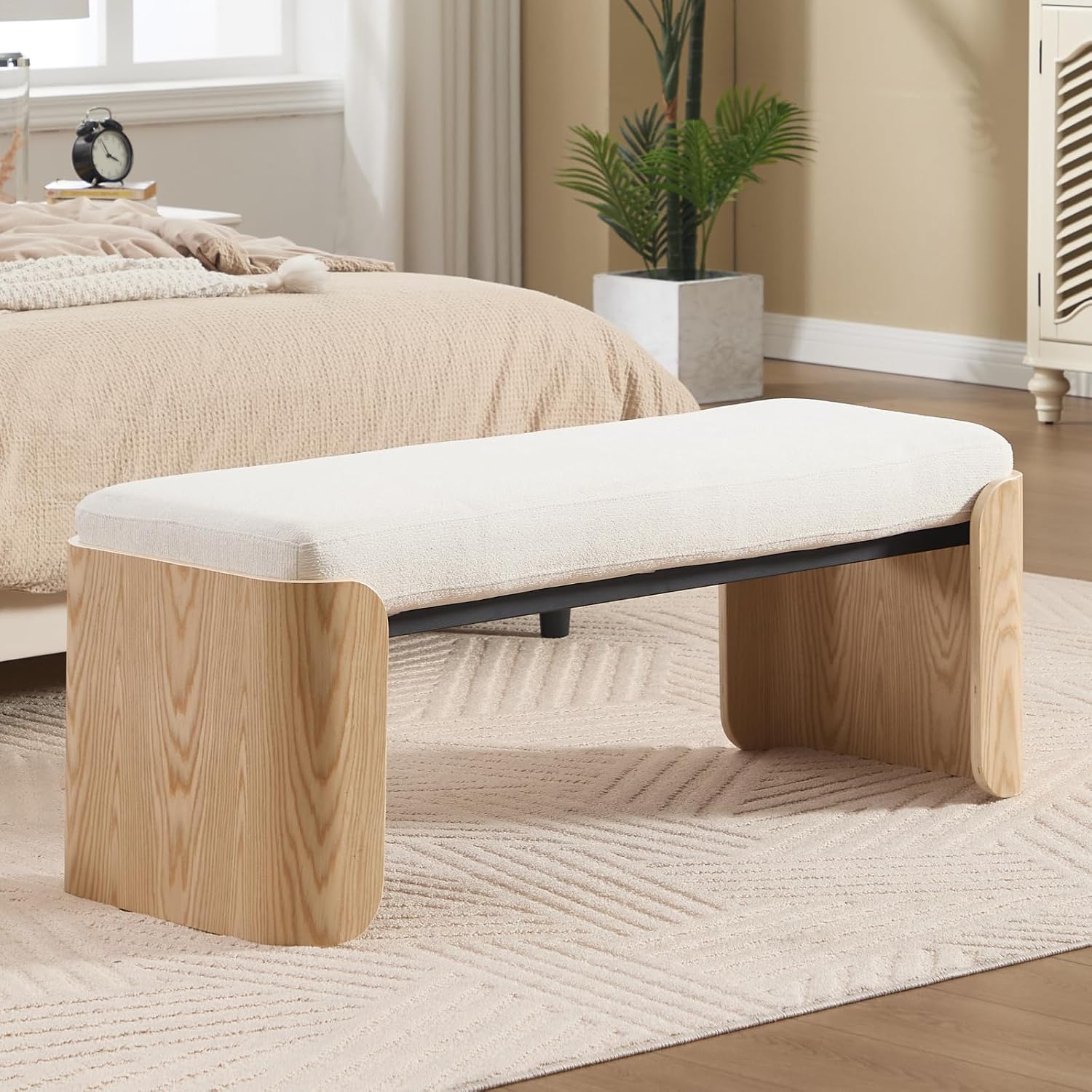 DUOMAY Modern White Chenille Bedroom Bench, 49" Wide Long Entryway Bench with Solid Wood Legs Upholstered Dining Bench Ottoman for Living Room Indoor