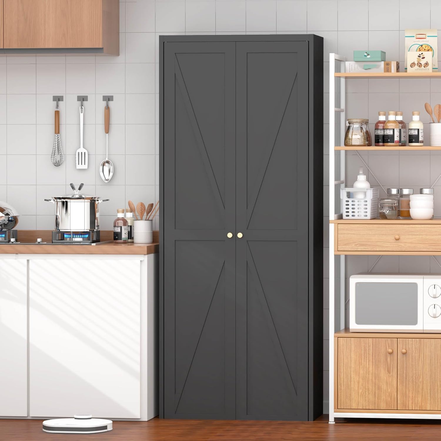 Metal Storage Cabinet with Doors and Shelves, Tall Kitchen Pantry Cabinet, Modern Freestanding Food Storage Cabinet with Gold Handles for Living Room, Dining Room, Office, (Black, 71")