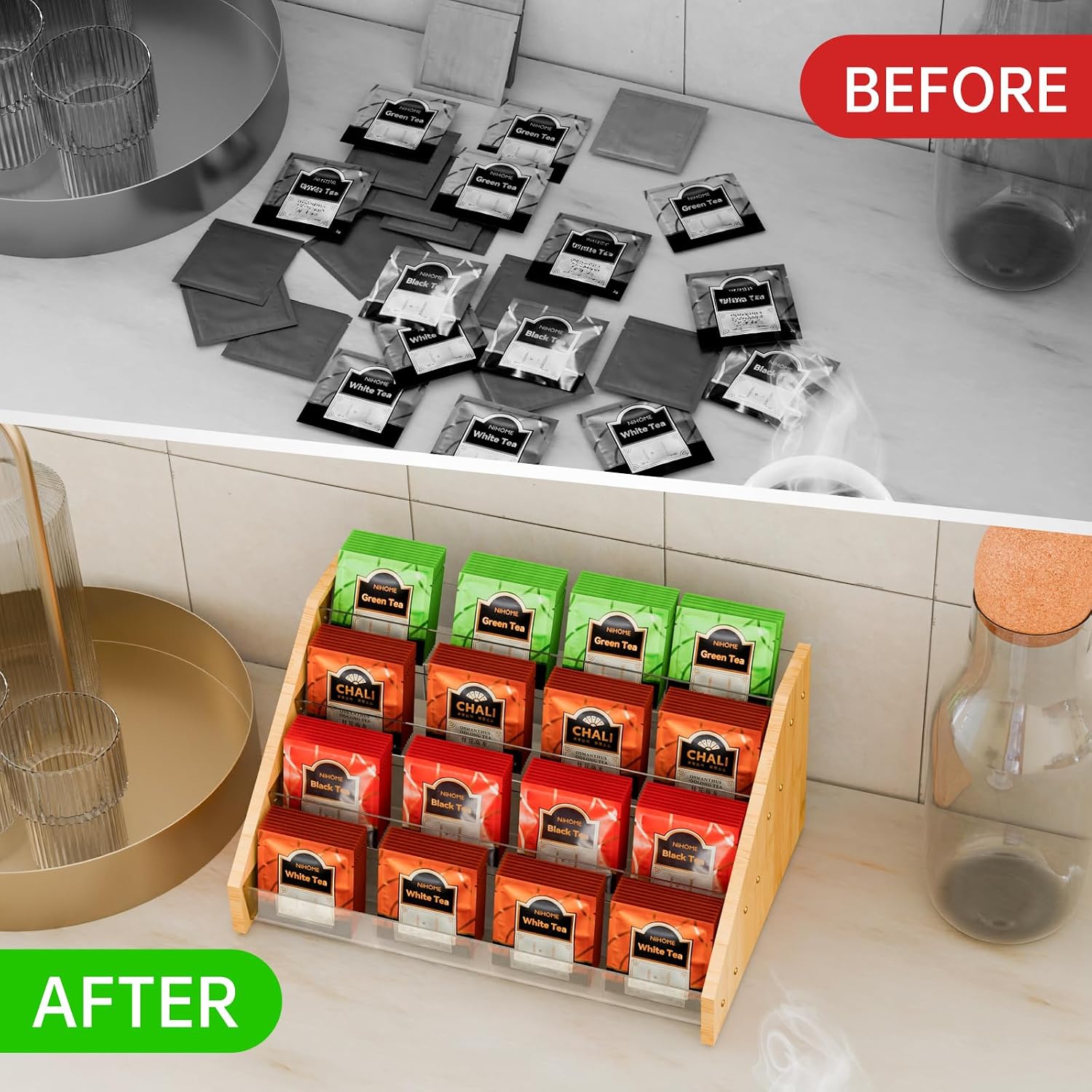 NiHome 4 Layer Tea Bag Organizer, Bamboo & Plastic Tea Storage Holder | 4-Tier Design Tea Storage Organizer Offering Quick and Easy Access, Clear Dividers & Large Capacity, Easy to Assembly