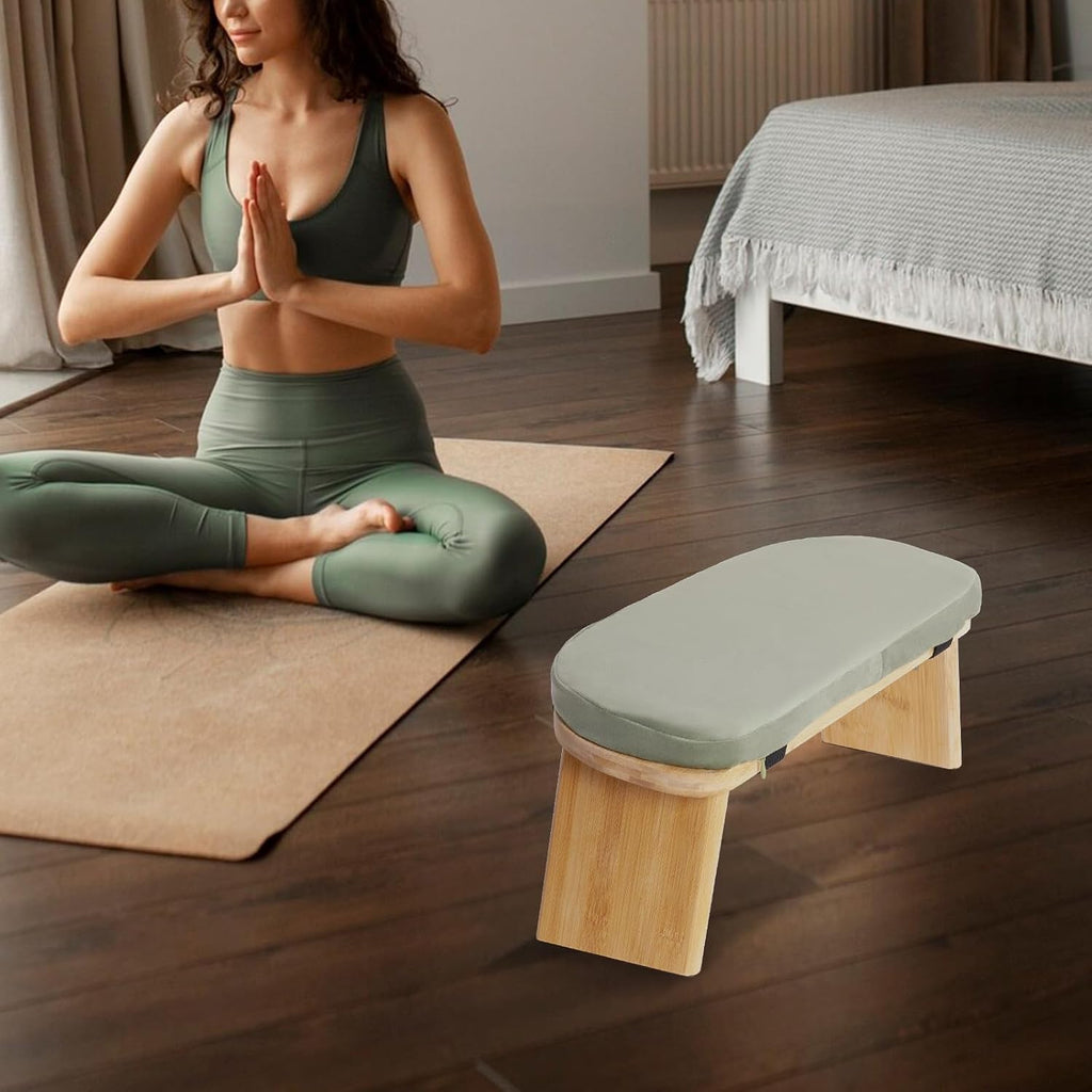 Meditation Bench with Cushion, Portable Yoga Meditation Bench, Foldable Ergonomic Bamboo Kneeling Stool for Kneeling Sitting Prayer (Green)