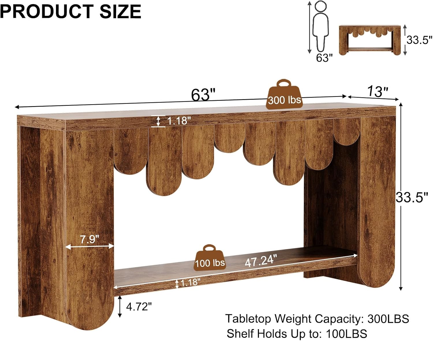 IBF 63” Long Entryway Table, 2-Tier Console Table with Storage, Farmhouse Wooden Rectangular Sofa Table Behind The Couch, Modern Entry Table for Hallway Entrance Foyer Home Living Room, Rustic Brown
