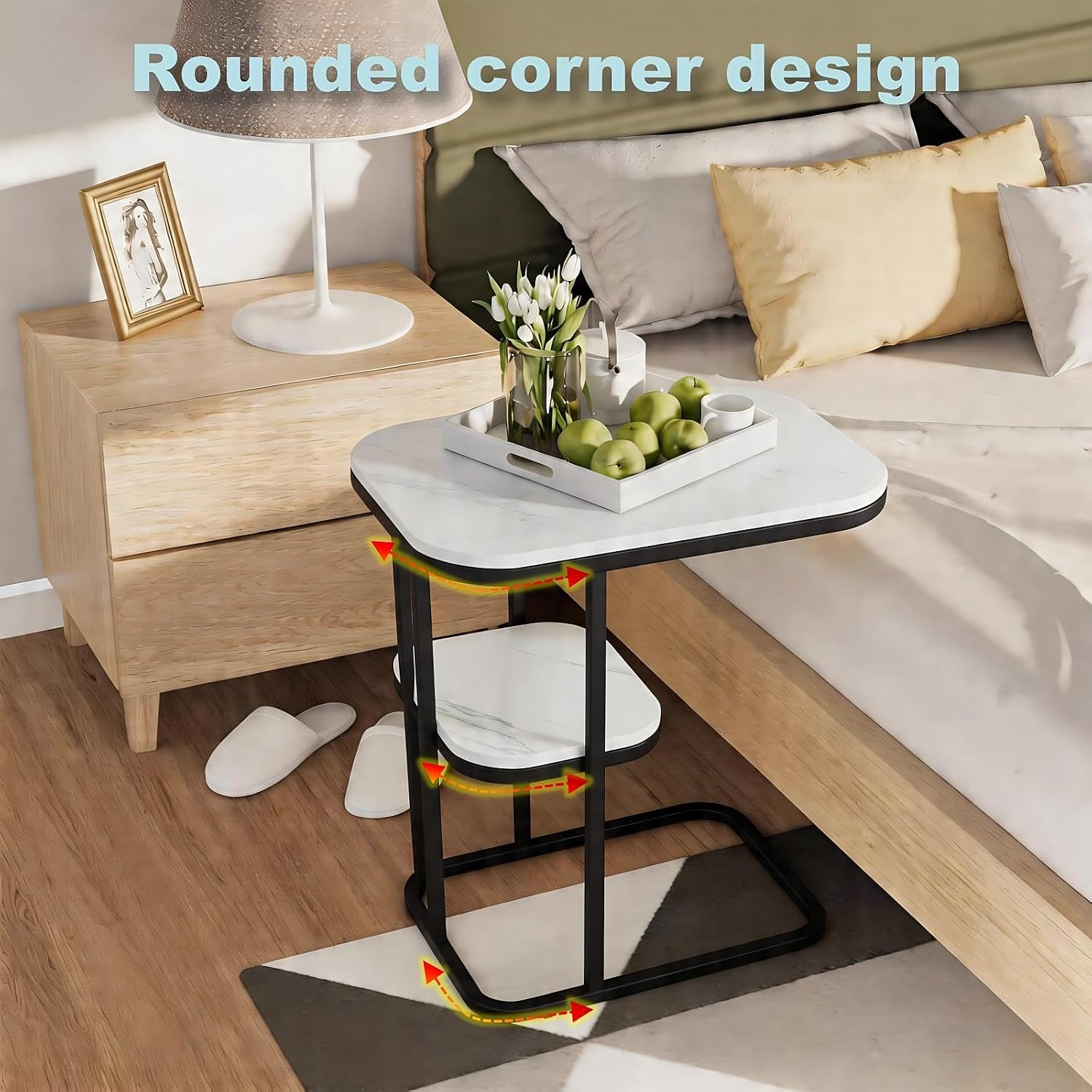 TV Tray Table with Shelf, Metal Frames, Snack Table for Couch, Sofa, Bed, Chair, Living Room, C Shaped End Side Table for Eating, Dinner or Laptop, Small Spaces, Easy Assembly (19.7" x 11.8", White)