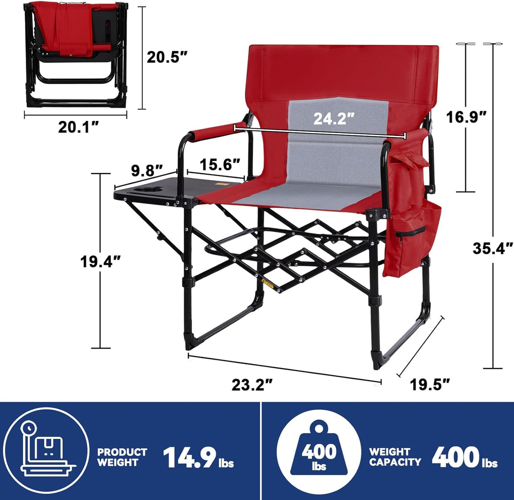 Romswi 2Pack Director Chairs for Outdoor, Folding Camping Chair, Compact Directors Chair Side Table and Side Bag, Heavy Duty Oversize Chair for Beach Fishing Picnic, Holds up to 400 lbs Red