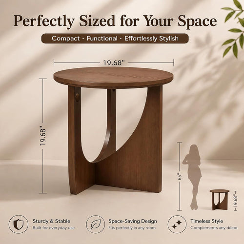 100% Solid Wood Round Side Table Set of 2, 19.7'' Walnut Brown Small End Table, Sofa Side Table with Sculptural Curved Base, Minimalist Accent Table for Living Room, Bedroom, Reading Nook