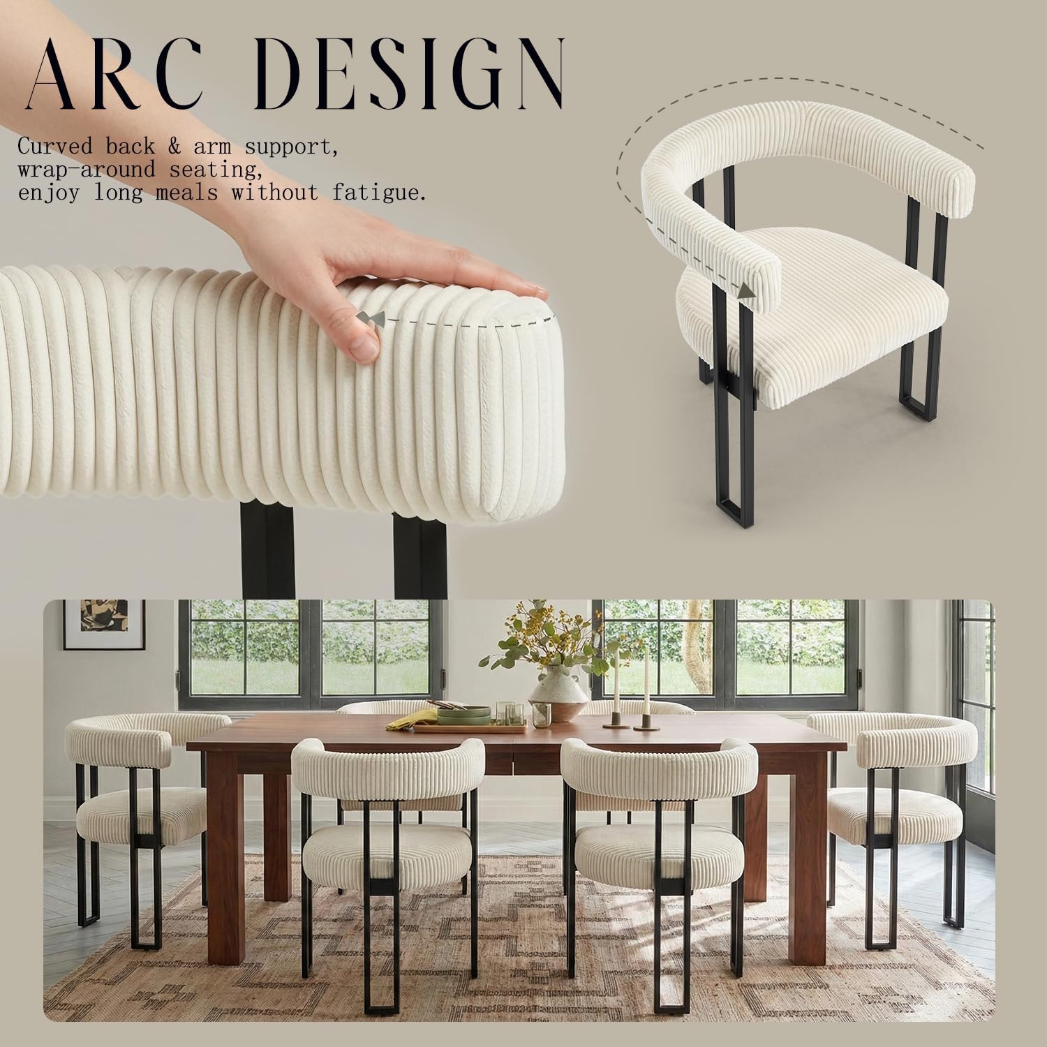 Modern Corduroy Dining Chairs Set of 6 with Metal Legs,Comfy Accent Dining Room Chairs Upholstered Kitchen Side Chairs with Curved Backrest for Dining Room Kitchen Living Room (White,6)